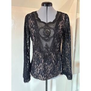 Women's Cappuccino Black Beige Lace Long Sleeve Blouse Size S